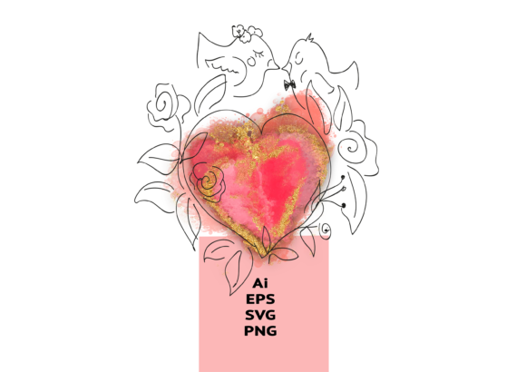 Love Birds Wedding Couple: Heart Gold Minimal Style Illustration
